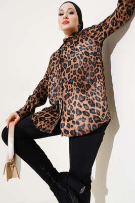 Oversize Leopar Desen Saten Gömlek Taba 