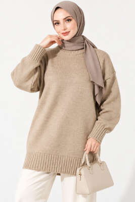 Oversize Ribanalı Triko Tunik Bej 