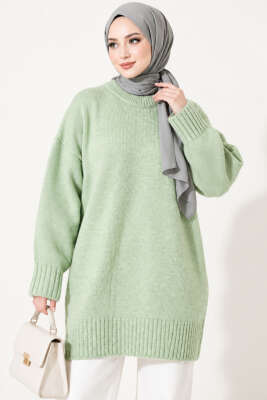 Oversize Ribanalı Triko Tunik Çağla Yeşili 