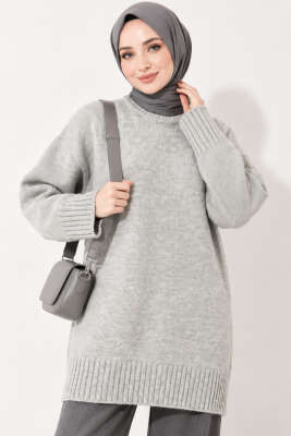 Oversize Ribanalı Triko Tunik Gri 