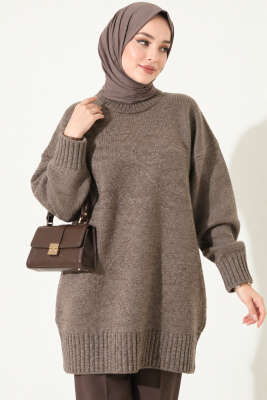 Oversize Ribanalı Triko Tunik Kahve 