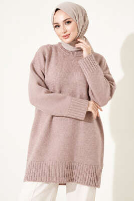 Oversize Ribanalı Triko Tunik Pudra 