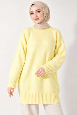 Oversize Ribanalı Triko Tunik Sarı - KILIÇ TRİKO