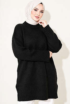 Oversize Ribanalı Triko Tunik Siyah 