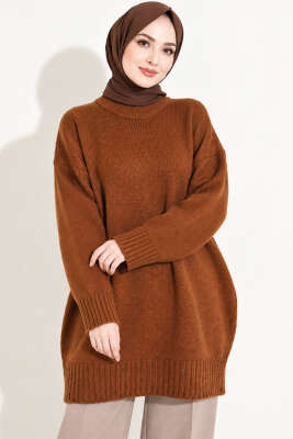 Oversize Ribanalı Triko Tunik Taba 