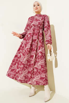 Paisley Desen Bel Lastikli Elbise Bordo 