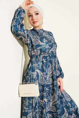 Paisley Desen Bel Lastikli Elbise İndigo 