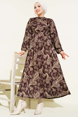 Paisley Desen Bel Lastikli Elbise Kahve - Elbise