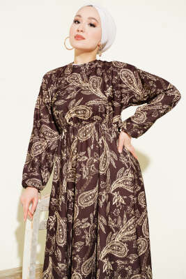 Paisley Desen Bel Lastikli Elbise Kahve - Elbise