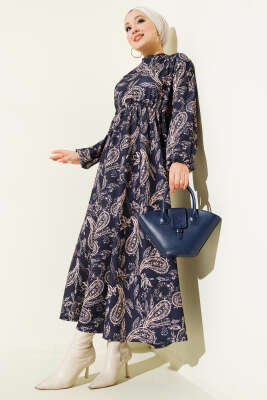 Paisley Desen Bel Lastikli Elbise Lacivert 