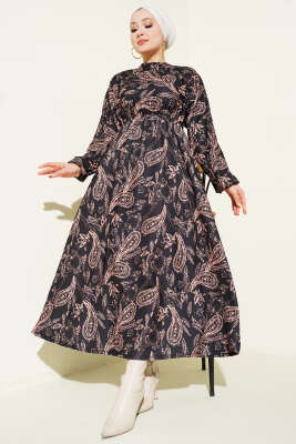 Paisley Desen Bel Lastikli Elbise Siyah 