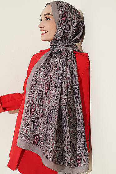 Paisley Kraş Modal Şal Taş Gri - Başörtüsü