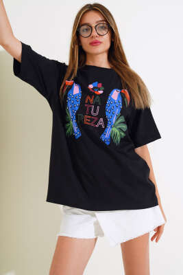 Papağan Baskılı T-shirt Siyah - Yeni Giyim