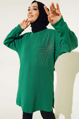 Parlak Taşlı İnce Fitilli Tunik Yeşil - NEVA MODA