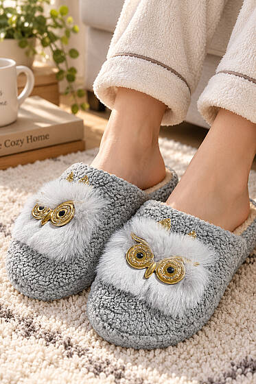 Peluş Baykuş Figürlü Ev Terliği Gri - Ev Terliği