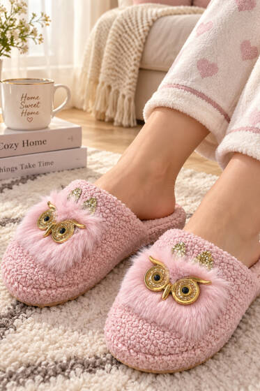 Peluş Baykuş Figürlü Ev Terliği Pudra - Ev Terliği