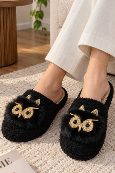 Peluş Baykuş Figürlü Ev Terliği Siyah - Ev Terliği
