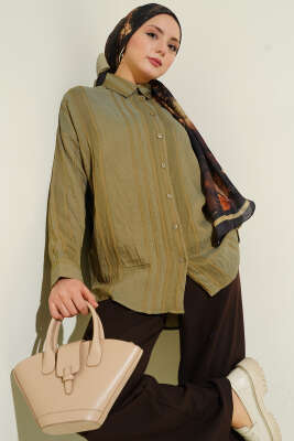 Petek Şeritli Oversize Gömlek Haki - NEVA MODA