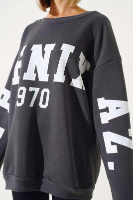 Phoenixaz Baskılı Şardonlu Sweatshirt Füme - Kadın Giyim Modelleri