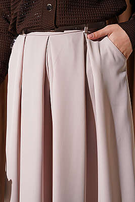 Pile Detaylı Geniş Paça Pantolon Bej - Pantolon