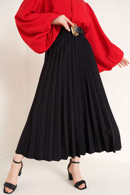 Piliseli Bel Lastikli Etek Siyah