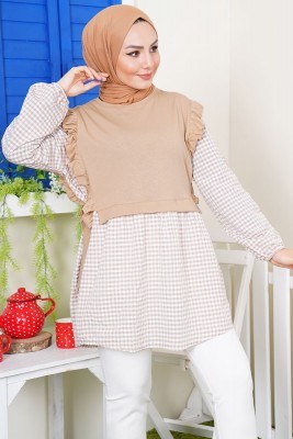 Pitikareli Yanları Büzgü Detay Camel Tunik - Spor Tunik