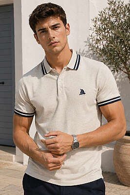 Polo Yaka Çizgili Erkek T-shirt Bej 