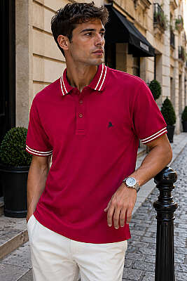 Polo Yaka Çizgili Erkek T-shirt Bordo 