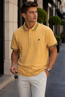 Polo Yaka Çizgili Erkek T-shirt Safran 