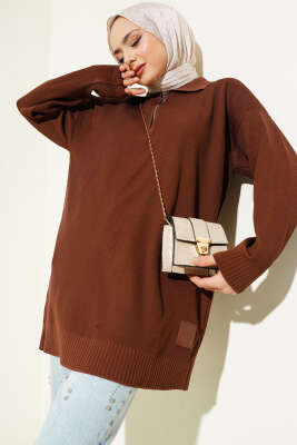 Polyelit Yarım Fermuarlı Basic Tunik Kahve 