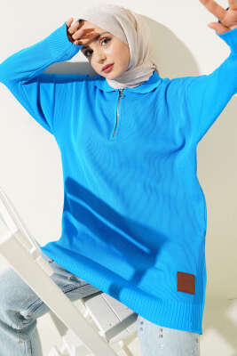 Polyelit Yarım Fermuarlı Basic Tunik Mavi 