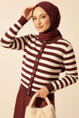 Polyemid Çizgili Triko Hırka Mürdüm