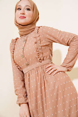 Ponpon Desenli Camel Elbise - Tesettür Elbise