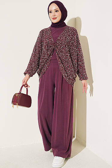 Pul Payetli Üçlü İkili Takım Mürdüm - İkili Takım