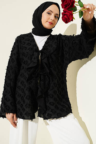 Püsküllü Fırfırlı İp Bağlamalı Kimono Siyah - Dış Giyim&Mont