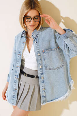 Püsküllü Salaş Kot Ceket Kar Yıkama 