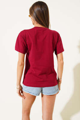Ribanalı Bisiklet Yaka Düz T-shirt Bordo - Kadın Giyim Modelleri