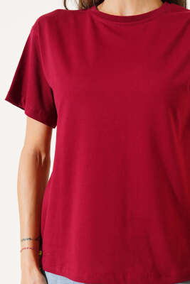 Ribanalı Bisiklet Yaka Düz T-shirt Bordo - Kadın Giyim Modelleri
