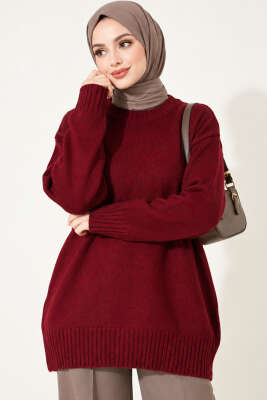 Ribanalı Bisiklet Yaka Triko Tunik Bordo 