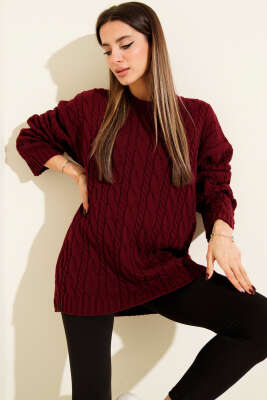 Saç Örgülü Salaş Triko Kazak Bordo - LUSTRİN