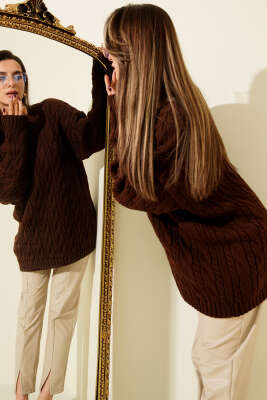 Saç Örgülü Salaş Triko Kazak Kahve - LUSTRİN