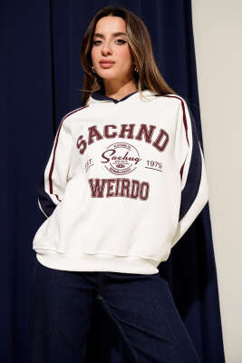 Sachnd Baskılı Kapüşonlu Üç İplik Sweatshirt Ekru - Kadın Giyim Modelleri