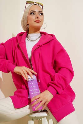 Şardonlu Oversize Hırka Fuşya 
