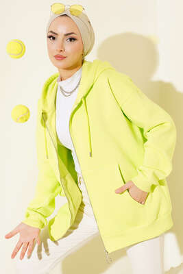 Şardonlu Oversize Hırka Neon Yeşili 