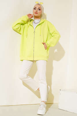 Şardonlu Oversize Hırka Neon Yeşili - Hırka