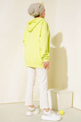 Şardonlu Oversize Hırka Neon Yeşili - Hırka
