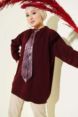 Saten Yaka Fularlı Triko Tunik Bordo 