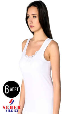 Seher Yıldızı Kadın 6'lı Geniş Askılı Güpürlü Atlet Beyaz - SEHER