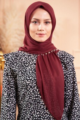 Selvi Boylum Al Yazmalım Bordo Tülbent - TÜLBENT - YAZMA