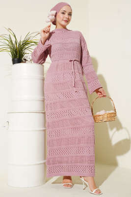 Şerit Ajur Desen Triko Elbise Pudra - Elbise
